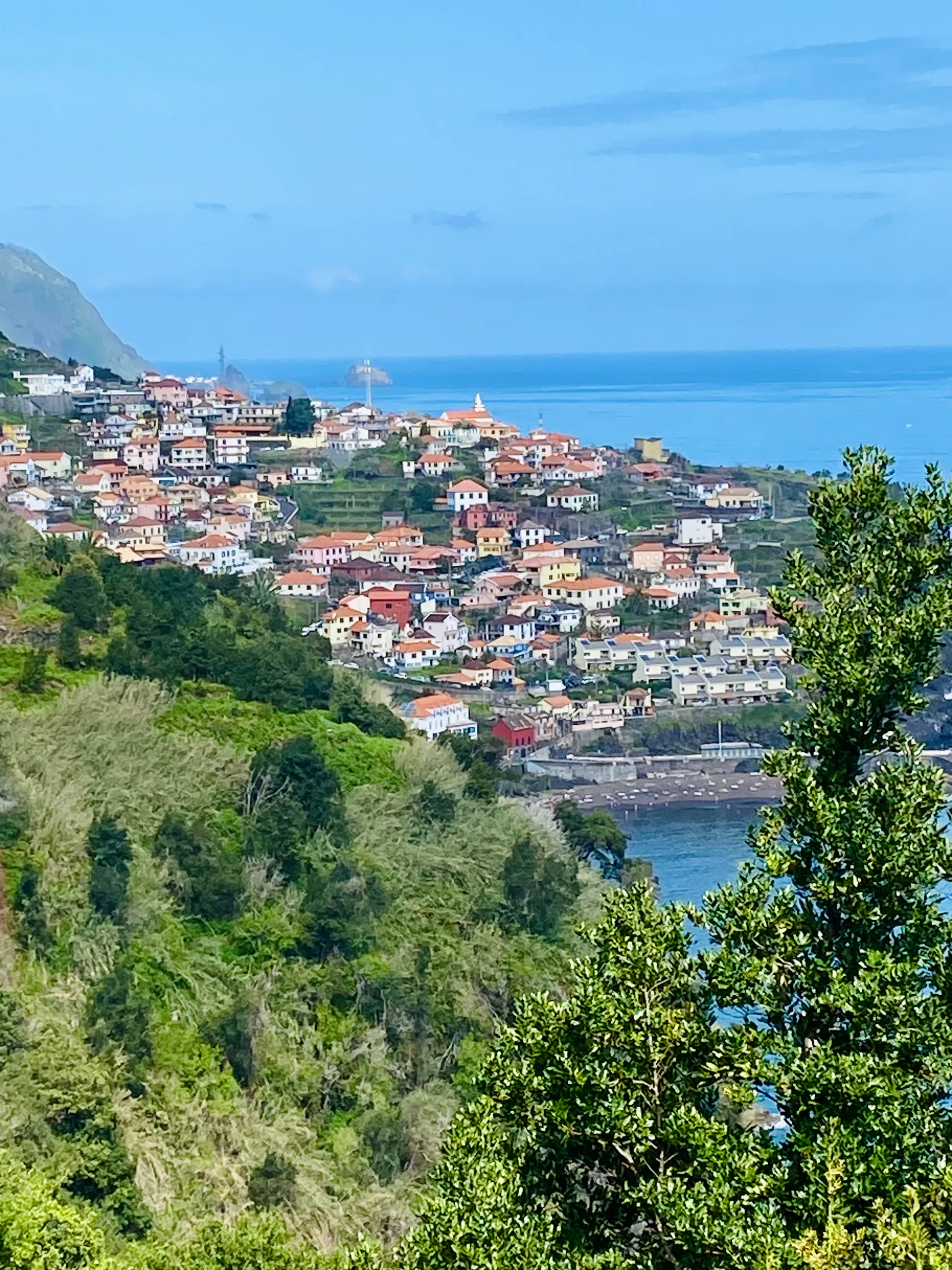 Terracotta-roofed houses of a coastal town descending to the sea in Madeira
