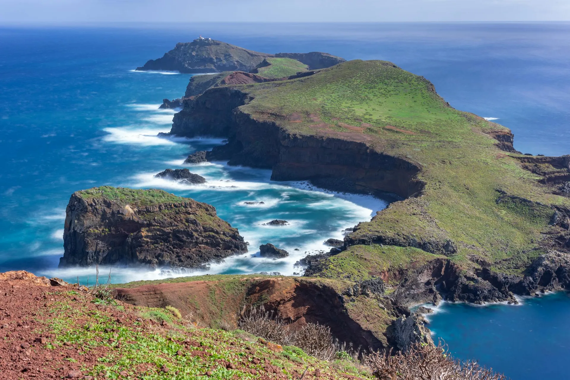 Cliffs and blue Atlantic water at Ponta de Sao Lourenco in Madeira